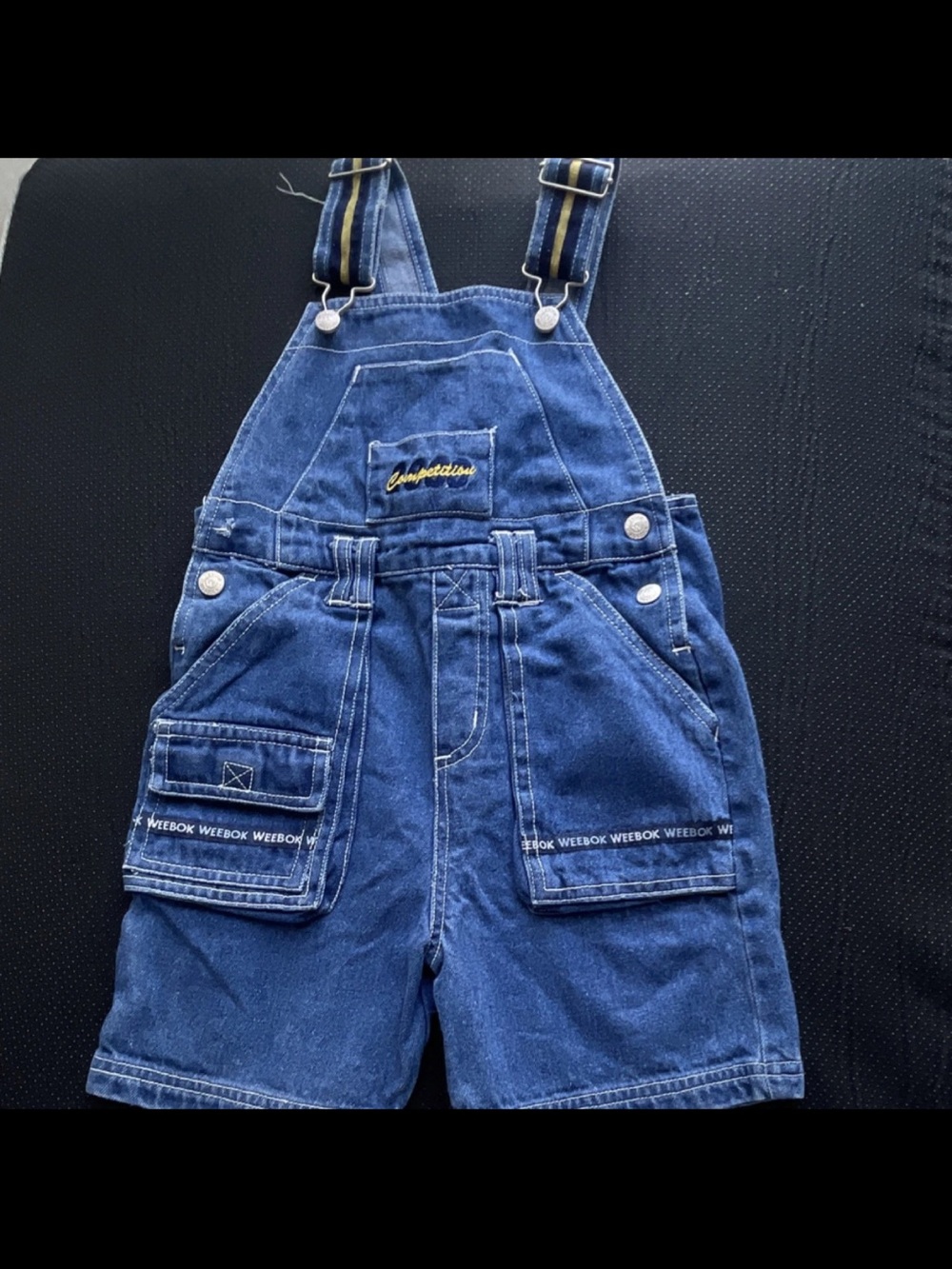 Vintage Kids Denim Short Overalls with Patch Pockets - Blue